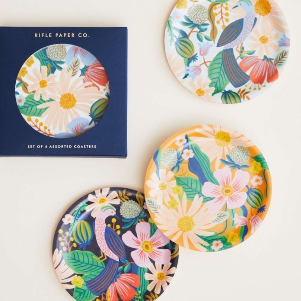 NIB RIFLE PAPER CO. Dovecoat Laminated Birch Ply Swedish Handmade 4-Coaster Set - Picture 2 of 3
